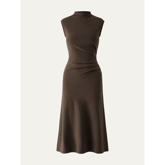 OGL Mockneck Tucks Midi Dress - Hazelnut Coco Sleeveless Brown Ruched Size PXL - Picture 3 of 15